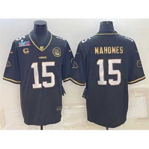 Superb Kansas City Chiefs 15 Patrick Mahomes Black Gold Super Bowl LVII Patch And 4 Star C Patch Vapor Untouchable Limited Stitched Jersey