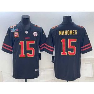 Premium Kansas City Chiefs 15 Patrick Mahomes Black Red Gold Super Bowl LVII Patch And 4 Star C Patch Vapor Untouchable Limited Stitched Jersey