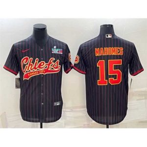 Superior Kansas City Chiefs 15 Patrick Mahomes Black With Super Bowl LVII Patch Cool Base Stitched Baseball Jersey