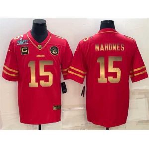 Superb Kansas City Chiefs 15 Patrick Mahomes Red Gold Super Bowl LVII Patch And 4 Star C Patch Vapor Untouchable Limited Stitched Jersey
