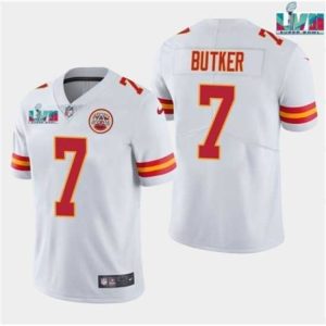 High quality Kansas City Chiefs 7 Harrison Butker White Super Bowl LVII Patch Vapor Untouchable Limited Stitched Jersey