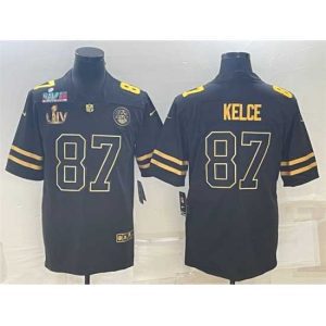 Superb Kansas City Chiefs 87 Travis Kelce Black Golden Super Bowl LV And Super Bowl LVII Patch Vapor Limited Stitched Jersey
