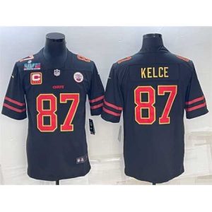 Exceptional Kansas City Chiefs 87 Travis Kelce Black Red Gold Super Bowl LVII Patch And 4 Star C Patch Vapor Untouchable Limited Stitched Jersey