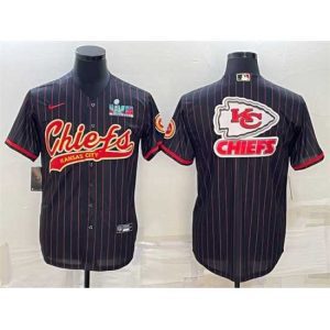 High quality Kansas City Chiefs Black Team Big Logo With Super Bowl LVII Patch Cool Base Stitched Baseball Jersey