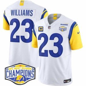 Premium Los Angeles Rams 23 Kyren Williams White 2024 NFC West Champions With 4 Star C Patch F.U.S.E  Vapor Untouchable Stitched Football Jersey