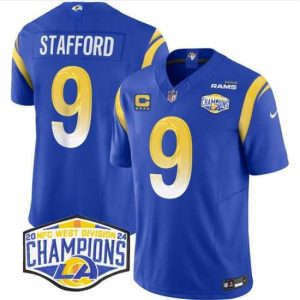 Superb Los Angeles Rams 9 Matthew Stafford Blue 2024 NFC West Champions With 4 Star C Patch F.U.S.E  Vapor Untouchable Stitched Football Jersey