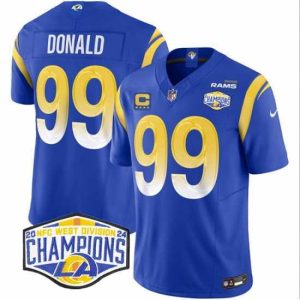 Marvelous Los Angeles Rams 99 Aaron Donald Blue 2024 NFC West Champions With 4 Star C Patch F.U.S.E  Vapor Untouchable Stitched Football Jersey