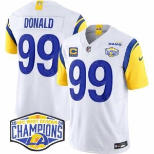 Superior Los Angeles Rams 99 Aaron Donald White 2024 NFC West Champions With 4 Star C Patch F.U.S.E  Vapor Untouchable Stitched Football Jersey