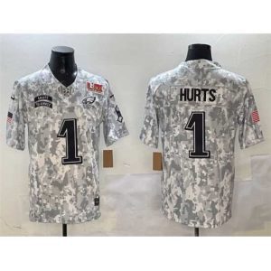 Premium Philadelphia Eagles 1 Jalen Hurts Arctic Camo 2025 Super Bowl LIX Patch F.U.S.E Salute To Service Limited Stitched Football Jersey
