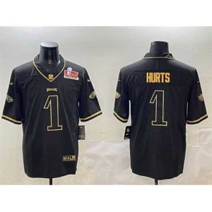Gorgeous Philadelphia Eagles 1 Jalen Hurts Black Gold 2025 Super Bowl LIX Patch Salute To Service Vapor Untouchable Limited Stitched Football Jersey