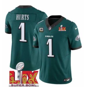 Premium Philadelphia Eagles 1 Jalen Hurts Green 2025 Super Bowl LIX Patch With 3 Star C Patch New F.U.S.E  Vapor Untouchable Limited Stitched Football Jersey