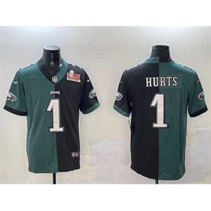 Outstanding Philadelphia Eagles 1 Jalen Hurts Green  26 Black Split 2025 Super Bowl LIX Patch Vapor Untouchable Limited Stitched Football Jersey