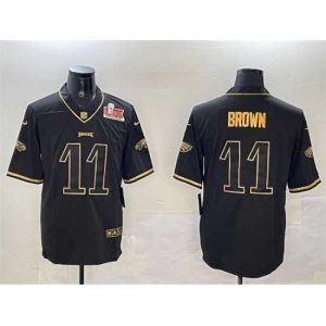 Gorgeous Philadelphia Eagles 11 A  J  Brown Black Gold 2025 Super Bowl LIX Patch Salute To Service Vapor Untouchable Limited Stitched Football Jersey
