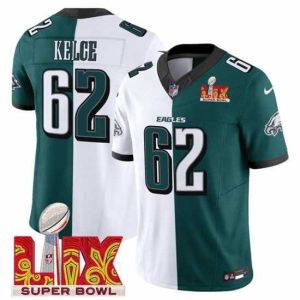 Outstanding Philadelphia Eagles 62 Jason Kelce White Green Split 2025 Super Bowl LIX Patch F.U.S.E  Vapor Untouchable Limited Stitched Football Jersey