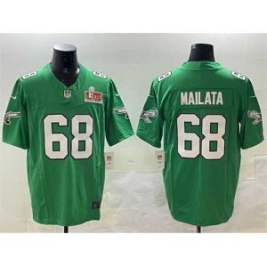 Exceptional Philadelphia Eagles 68 Jordan Mailata Green 2025 Super Bowl LIX Patch F.U.S.E  Throwback Vapor Untouchable Limited Stitched Football Jersey