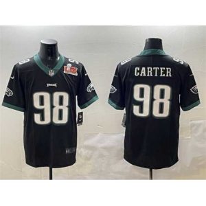 Superior Philadelphia Eagles 98 Jalen Carter Black 2025 Super Bowl LIX Patch Vapor Untouchable Limited Stitched Football Jersey