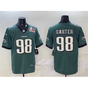 Marvelous Philadelphia Eagles 98 Jalen Carter Green 2025 Super Bowl LIX Patch New Vapor Untouchable Limited Stitched Football Jersey