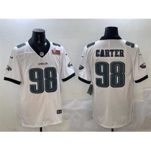 High quality Philadelphia Eagles 98 Jalen Carter White 2025 Super Bowl LIX Patch New Vapor Untouchable Limited Stitched Football Jersey