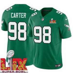 Superb Philadelphia Eagles Jalen Carter #98 Kelly Green 2024 2025 Super Bowl LIX F.U.S.E Stitched NFL Jersey