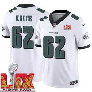 Outstanding Philadelphia Eagles Jason Kelce #62 White 2024 2025 Super Bowl LIX F.U.S.E Stitched NFL Jersey