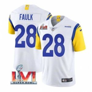 High quality Nike Los Angeles Rams 28 Marshall Faulk White 2022 Super Bowl LVI Vapor Limited Jersey