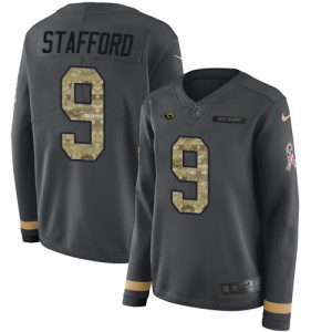 Exceptional Los Angeles Rams #9 Matthew Stafford Anthracite Salute to Service Women's Stitched NFL Limited Therma Long Sleeve Jersey