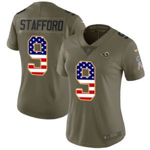 Finest Los Angeles Rams #9 Matthew Stafford Olive/USA Flag Women's Stitched NFL Limited 2017 Salute to Service Jersey