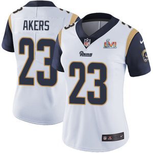 Gorgeous Rams #23 Cam Akers White Super Bowl LVI Patch Women's Stitched NFL Vapor Untouchable Limited Jersey