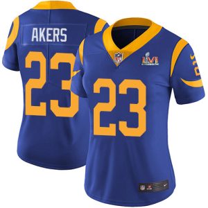 Gorgeous Rams #23 Cam Akers Royal Blue Alternate Super Bowl LVI Patch Women's Stitched NFL Vapor Untouchable Limited Jersey