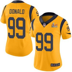High quality Rams #99 Aaron Donald White Super Bowl LVI Patch Women's Stitched NFL Vapor Untouchable Limited Jersey