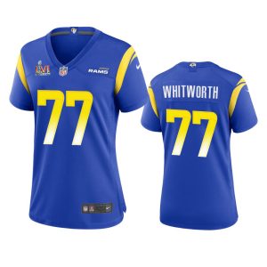 Outstanding Los Angeles Rams #77 Andrew Whitworth Women's Super Bowl LVI Patch Game NFL Jersey - Royal