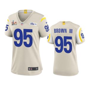 Superb Los Angeles Rams #95 Bobby Brown III Women's Super Bowl LVI Patch Game NFL Jersey - Bone