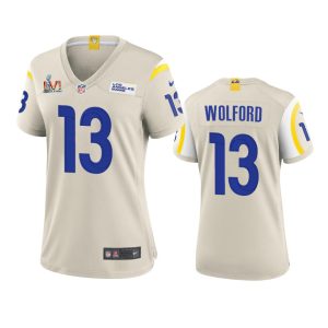 Superb Los Angeles Rams #13 John Wolford Women's Super Bowl LVI Patch Game NFL Jersey - Bone