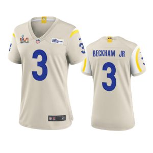 Marvelous Los Angeles Rams #3 Odell Beckham Jr. Women's Super Bowl LVI Patch Game NFL Jersey - Bone