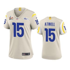 Exquisite Los Angeles Rams #15 Tutu Atwell Women's Super Bowl LVI Patch Game NFL Jersey - Bone