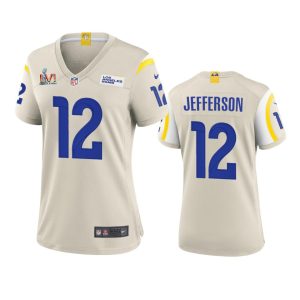 Exquisite Los Angeles Rams #12 Van Jefferson Women's Super Bowl LVI Patch Game NFL Jersey - Bone