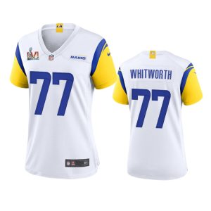 Exceptional Los Angeles Rams #77 Andrew Whitworth Women's Super Bowl LVI Patch Alternate Game NFL Jersey - White