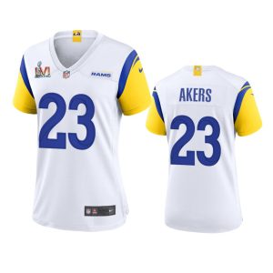 High quality Los Angeles Rams #23 Cam Akers Women's Super Bowl LVI Patch Alternate Game NFL Jersey - White