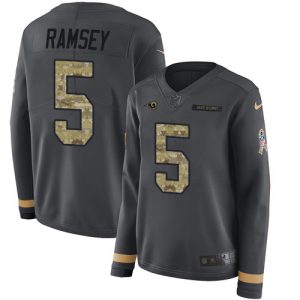 Exceptional Rams #5 Jalen Ramsey Anthracite Salute to Service Women's Stitched NFL Limited Therma Long Sleeve Jersey