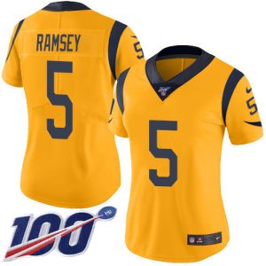 Outstanding Rams #5 Jalen Ramsey Gold Women's Stitched NFL Limited Rush 100th Season Jersey