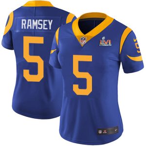 Superb Rams #5 Jalen Ramsey Blue Alternate Super Bowl LVI Patch Women's Stitched NFL Vapor Untouchable Limited Jersey