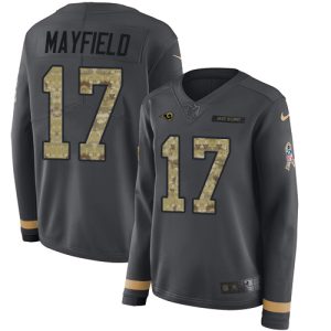 Exceptional Rams #17 Baker Mayfield Anthracite Salute to Service Women's Stitched NFL Limited Therma Long Sleeve Jersey
