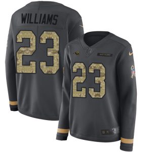 Outstanding Rams #23 Kyren Williams Anthracite Salute to Service Women's Stitched NFL Limited Therma Long Sleeve Jersey