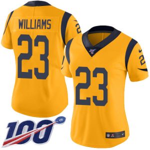 Premium Rams #23 Kyren Williams Gold Women's Stitched NFL Limited Rush 100th Season Jersey