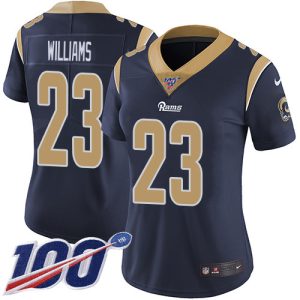 Premium Rams #23 Kyren Williams Navy Blue Team Color Women's Stitched NFL 100th Season Vapor Limited Jersey