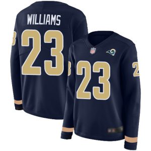 Gorgeous Rams #23 Kyren Williams Navy Blue Team Color Women's Stitched NFL Limited Therma Long Sleeve Jersey