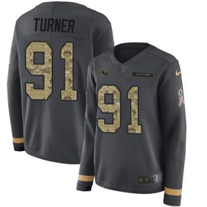 Finest Rams #91 Kobie Turner Anthracite Salute to Service Women's Stitched NFL Limited Therma Long Sleeve Jersey