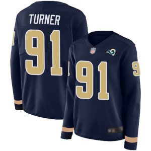 High quality Rams #91 Kobie Turner Navy Blue Team Color Women's Stitched NFL Limited Therma Long Sleeve Jersey