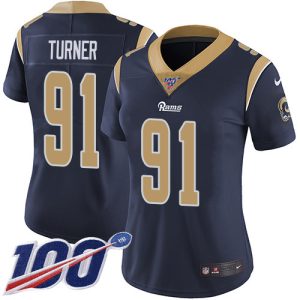Premium Rams #91 Kobie Turner Navy Blue Team Color Women's Stitched NFL 100th Season Vapor Limited Jersey