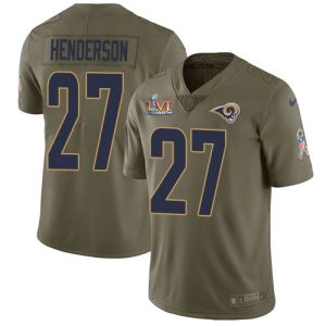 Finest Rams #27 Darrell Henderson Olive Super Bowl LVI Patch Youth Stitched NFL Limited 2017 Salute to Service Jersey
